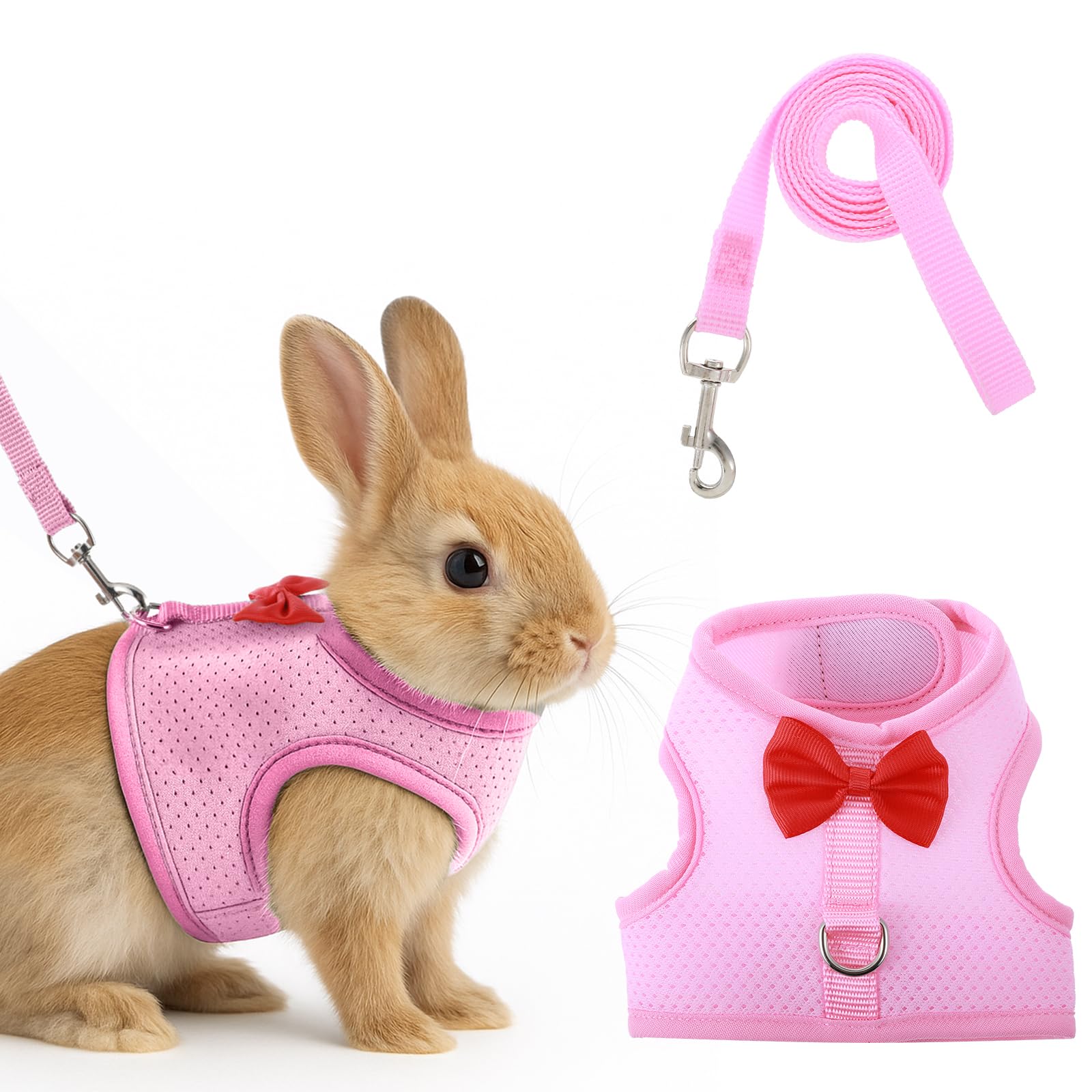 Quilax - Rabbit Harness and Leash Set with Cute Bow, Soft Mesh Vest Harness