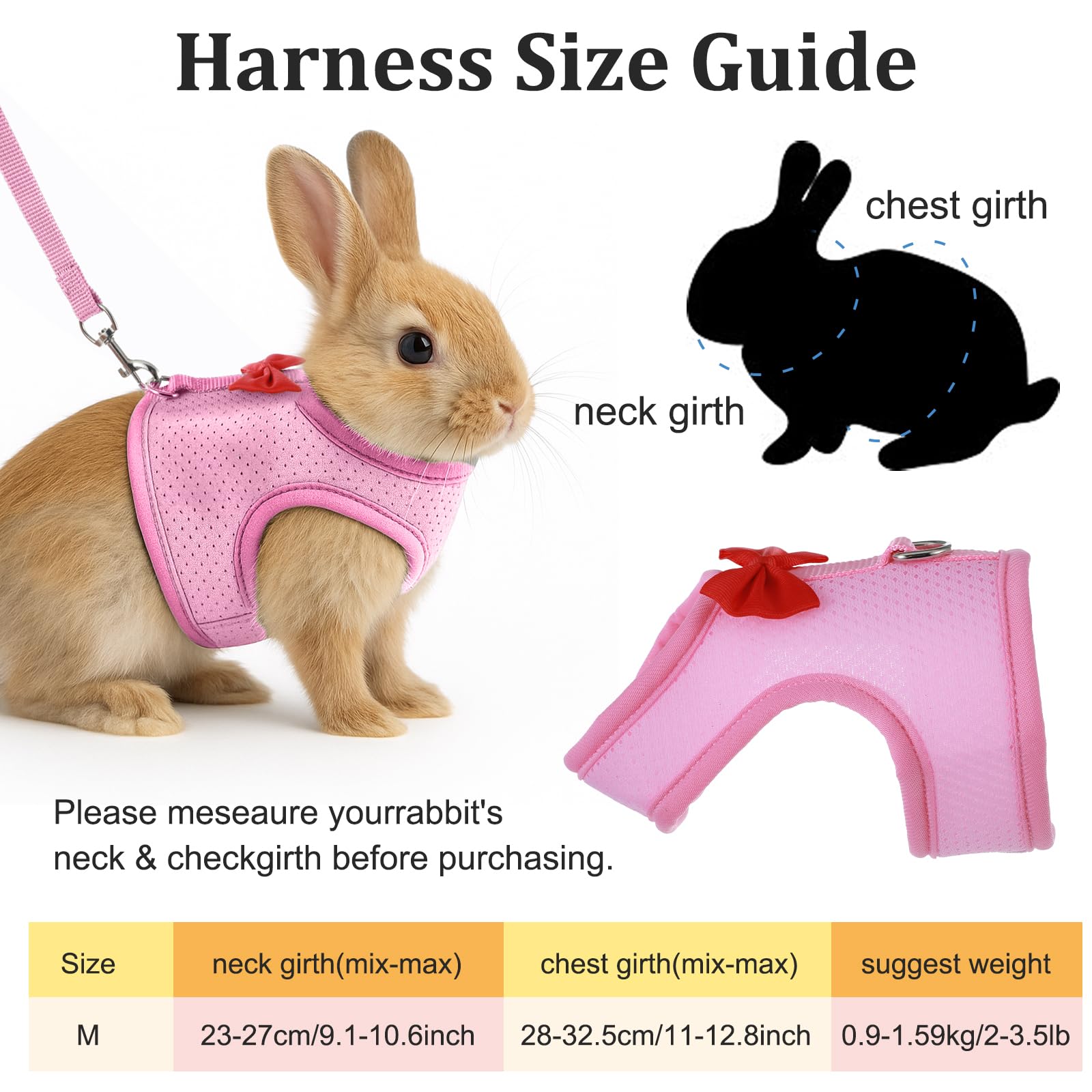 Quilax - Rabbit Harness and Leash Set with Cute Bow, Soft Mesh Vest Harness