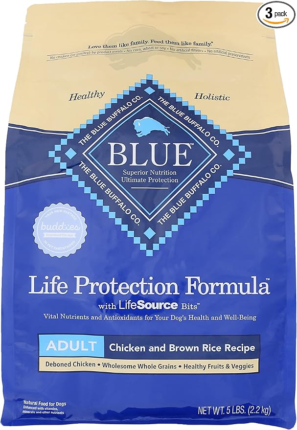 Blue Buffalo - Blue Adult Dry Dog Food Life Protection Formula, Chicken & Brown Rice Recipe, Natural Ingredients, No Artificial Flavors or Preservatives, 5 Pound (Pack of 3)